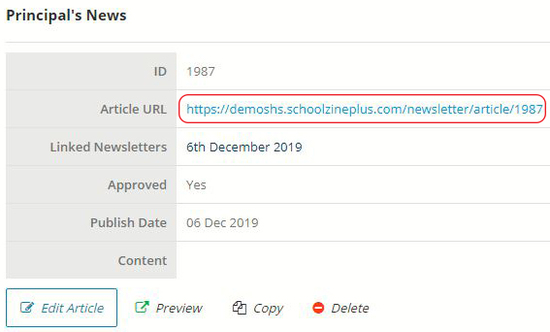 The URL field of an Article in Schoolzine