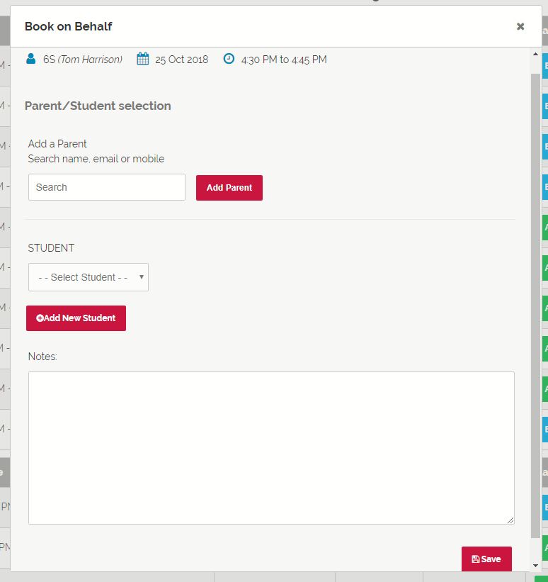 Booking on behalf of a parent, with the student field