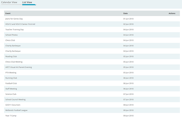 A List view of the Calendar within the Schoolzine Control Center
