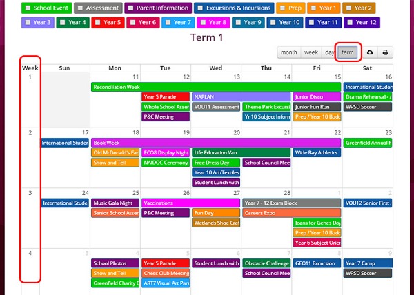 The Term view of the Schoolzine Calendar