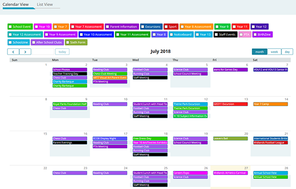 The Calendar view from within the Schoolzine Control Center