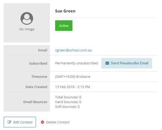 Screenshot of an unsubscribed contact in Schoolzine