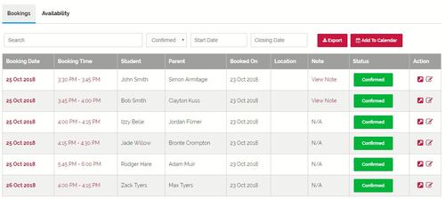 A table of SessionKeeper bookings, with an Export button