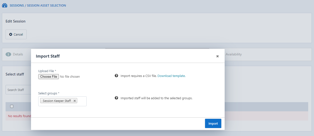 Popup to import SessionKeeper Staff