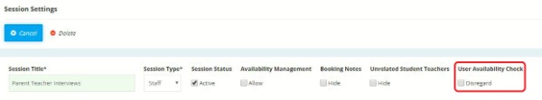A screenshot of Sesison settings, with a highlight applied on the 'User Availability Check' field