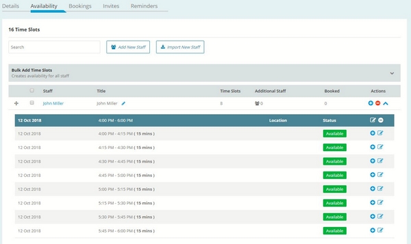 A table of a user's availability in SessionKeeper