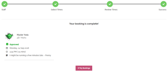 The booking confirmation page in Session Keeper