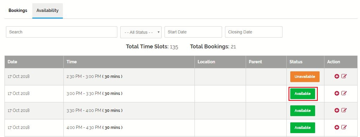 A table of timeslots, with their availability status